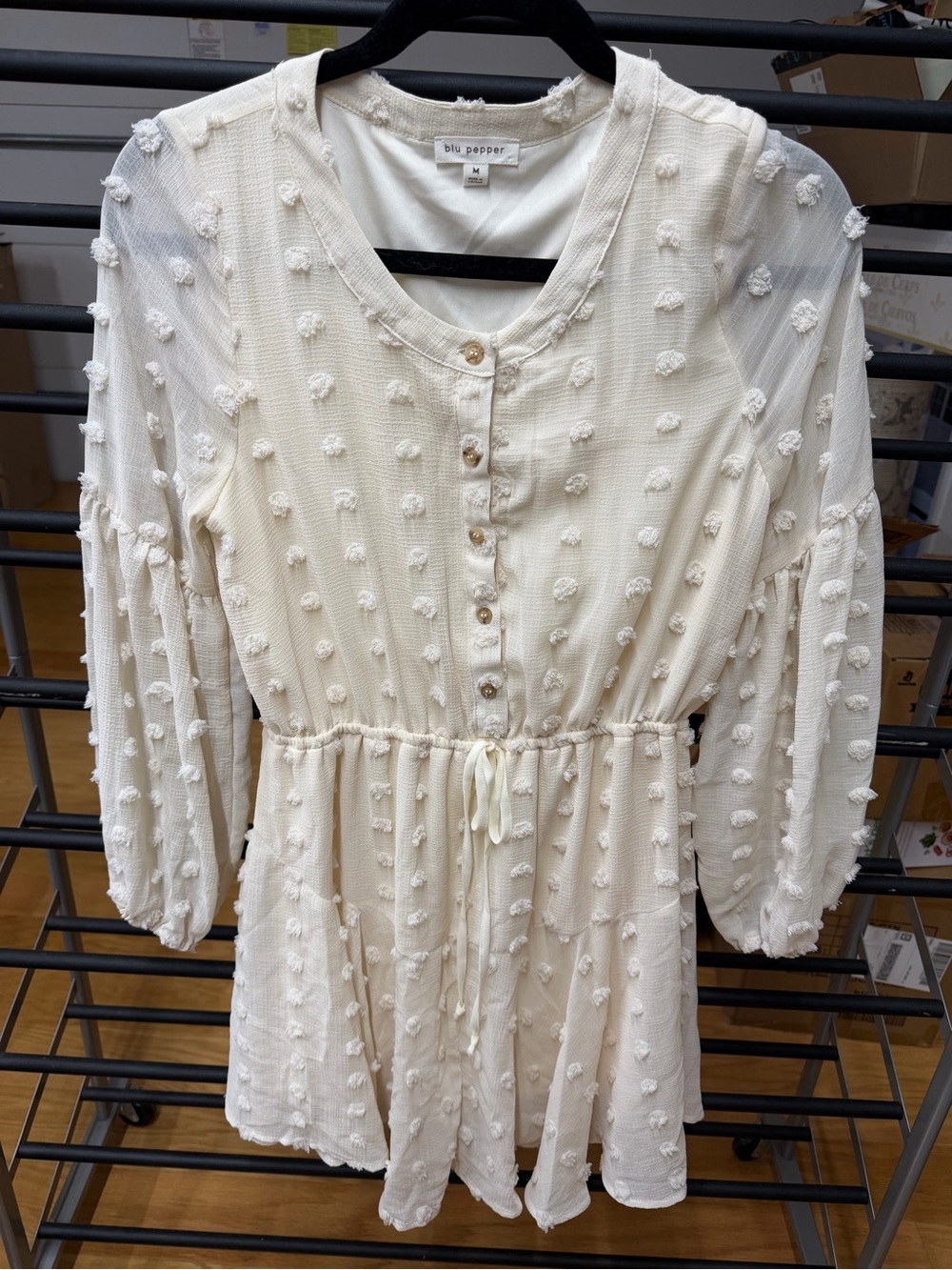 Blu Pepper Cream Swiss Dot Button-Front Mini Dress